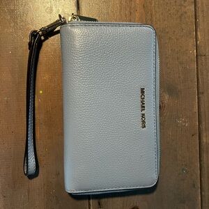 Michael Kors Sky Blue Wristlet with Gold Accents